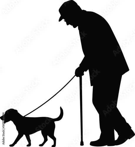 Elder man walking with dog silhouette isolated on white background 