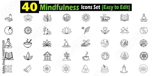 Collection of 40 black and white line art icons for mindfulness and wellness meditation 1