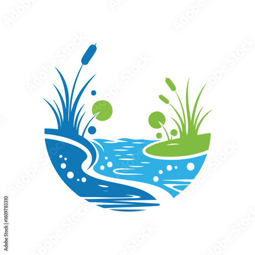 Tranquil Pond Life Graphic. This vector graphic depicts a peaceful freshwater habitat with aquatic plants and clear liquid, evoking environmental harmony and natural serenity.