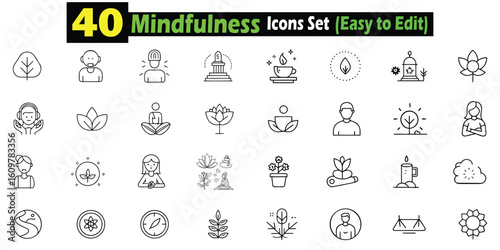 40 mindfulness icons set easy to edit black line art meditation yoga