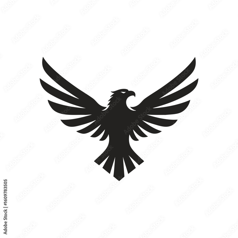 Fototapeta premium Dark Eagle Silhouette Design. This powerful avian icon, wings outstretched, embodies strength, leadership, and freedom. Its vigilant eyes convey sharp focus and determination.