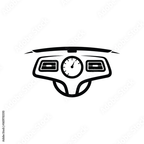 Automotive Speedometer Icon. A minimalist digital illustration of a vehicle's dashboard. Features a central gauge displaying high velocity, flanked by air vents. Signifies rapid motion and control.