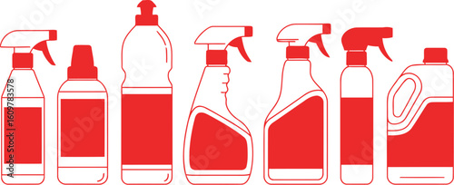 Cleaning Bottles Silhouette Vector Set, Household Detergent Spray Container Icons