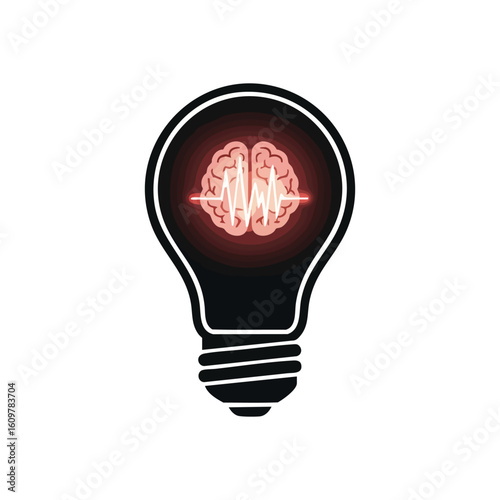 Intellectual Idea Brain Light Bulb. Abstract graphic of human grey matter within an illuminated filament. Represents brilliant concepts, psychological insight, and conscious activity.