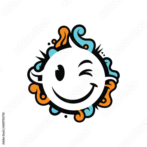 Playful Emoticon Icon. A joyful visage with an expressive eye, encircled by vibrant orange and teal abstract patterns. This graphic conveys happiness, humor, and a lighthearted spirit.