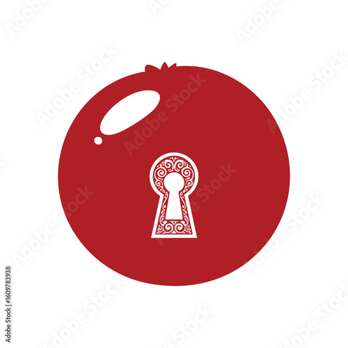 Unlocking Pomegranate Secrets. Intricate lock portal inside a luscious crimson orb, representing concealed truths, profound wisdom, or revealing opportunities. Modern design.