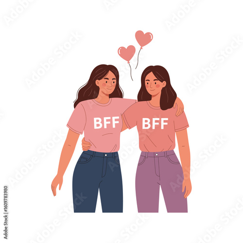 Best friends forever illustration Two girls in BFF shirts with pink heart balloons