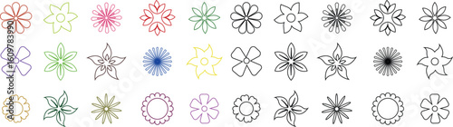 Flower Icons Vector Set, Collection and Group, Decorative Floral Silhouettes, Petals, Blossom, Botanical Minimal Line Style, Monochrome and Colorful Graphic Bundle for Nature, Garden and Spring Design