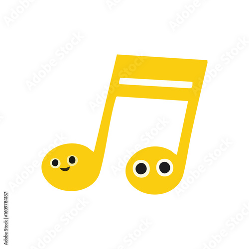 Happy Music Note Character. This vibrant yellow quaver icon on a dark backdrop expresses cheer. Its delightful faces convey playful melodies and rhythmic energy, symbolizing pure joy.