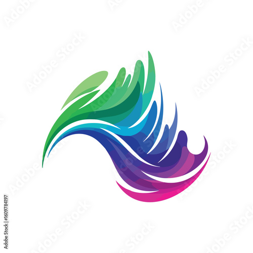Vibrant Flowing Abstract Graphic. A captivating gradient design, evolving from emerald to deep magenta, forms a graceful, wave like motif. This artwork conveys energy, modernism, and digital motion.