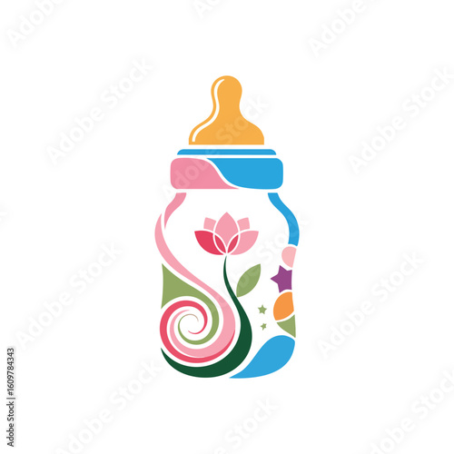 Vibrant Baby Bottle Art. A beautifully designed infant feeding vessel bursts with bright hues and organic shapes, featuring a delicate blossom and stars, symbolizing joy, innocence, and blossoming.