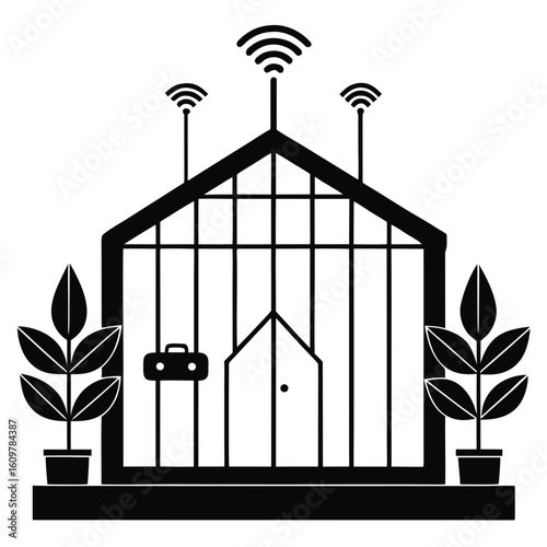 Smart home concept depicted as a greenhouse with wifi signals and potted plants illustrating modern technology