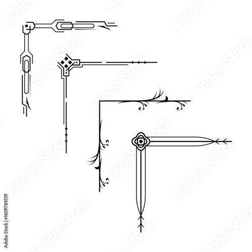 Set Hand Draw Of Corners Different Shapes Flower Decoration Vector Design Doodle Sketch Style For Wedding And Banner