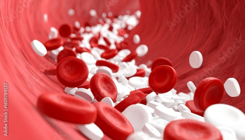 Red Blood Cells Flowing in Vessel with White Blood Cells