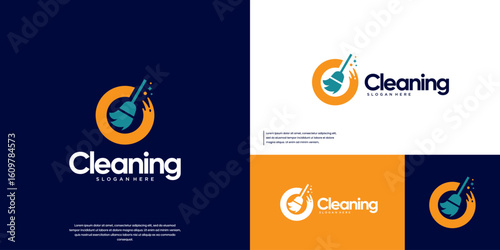 Circular-style cleaning logo, broom and water effect, vector graphic design.