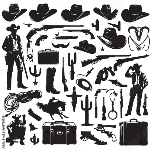 
Silhouette of a Cowboy on Horseback at Sunset

Western Cowboy Silhouette Against Dramatic Sky

Cowboy Riding Horse – Vintage Wild West Silhouette

Lone Cowboy Silhouette with Hat and Lasso

