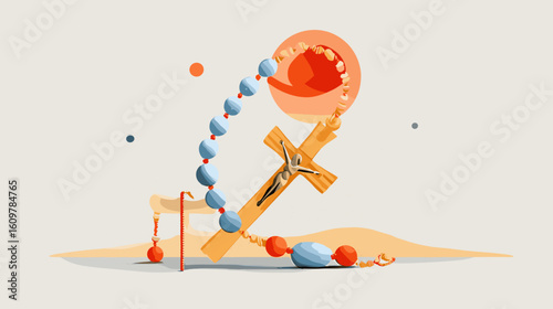 Religious cross and rosary beads in colorful abstract design  