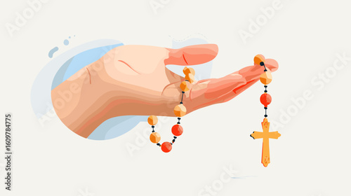 Hand holding rosary beads with wooden cross on soft background  
