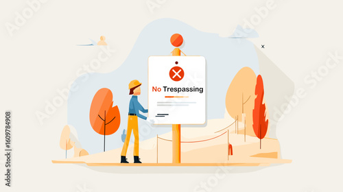 Worker placing no trespassing sign in outdoor park setting  