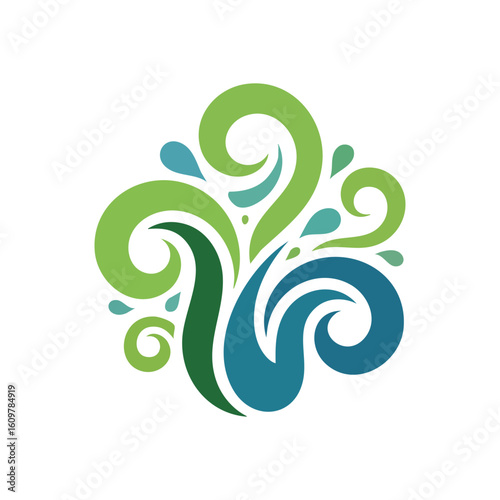 Organic Swirls Fluid Abstract Art. Dynamic curvilinear elements blend vibrant green and calming blue hues. This elegant pattern symbolizes natural flow, growth, and environmental harmony.