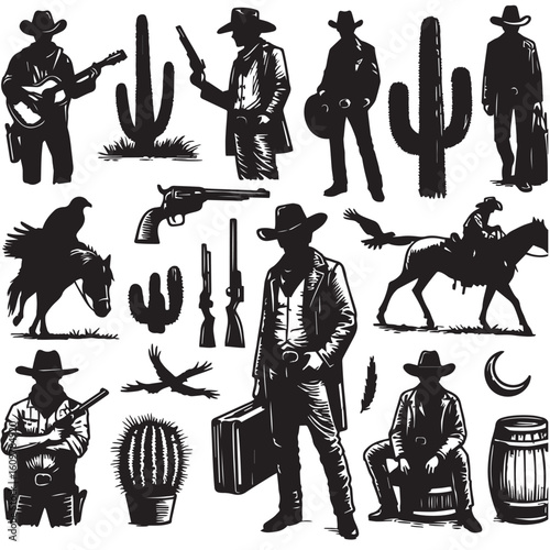 
Silhouette of a Cowboy on Horseback at Sunset

Western Cowboy Silhouette Against Dramatic Sky

Cowboy Riding Horse – Vintage Wild West Silhouette

Lone Cowboy Silhouette with Hat and Lasso

