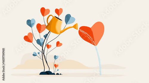 Watering can nurturing heart-shaped plants in colorful illustration  