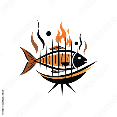 Grilled Fish Culinary Emblem. This striking graphic displays a seared aquatic creature over fiery elements, suggesting exquisite seafood dishes. Perfect for food service branding.