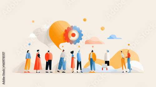 Group of diverse people standing and interacting in colorful scenery  