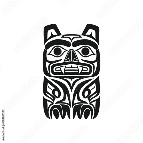 Northwest Indigenous Animal Art. Striking black and white portrayal of a traditional Native American animal figure, evoking powerful cultural heritage and spiritual connection to nature.