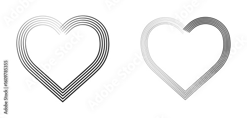 Two stylized hearts formed by multiple parallel lines with varying thickness and contrast levels shown