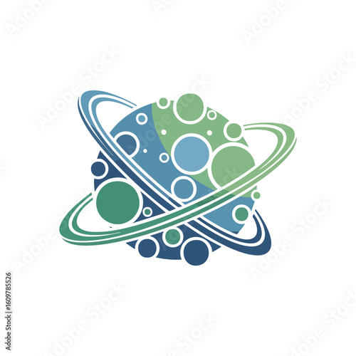 Abstract Global Network Planet. Stylized cosmic orb with rings and interconnected elements. Represents a modern world, environmental harmony, or technological connectivity.