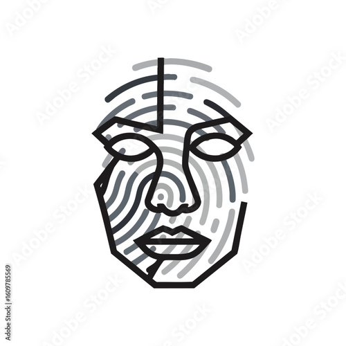 Abstract Contour Face Portrait. A serene human visage rendered in intricate grayscale lines, evoking concepts of digital identity, patterns, and interconnectedness.