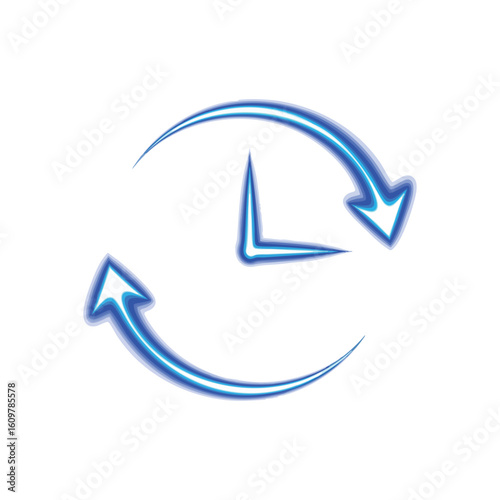 Dynamic Time Cycle Icon. Vibrant blue and white graphic depicting a clock with circular arrows. It symbolizes ongoing motion, a renewed process, or the constant passage of moments.