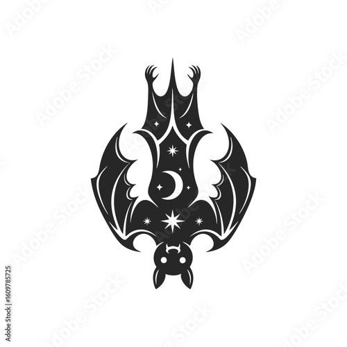 Mystical Celestial Bat Emblem. Magical winged creature adorned with cosmic elements, embodying the mysterious allure and gothic charm of the nocturnal sky.