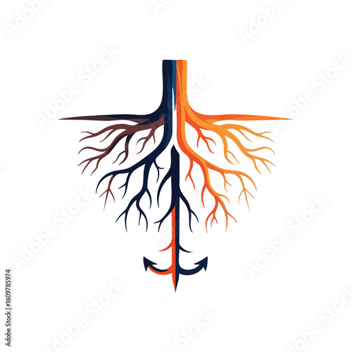 Dual Roots Anchor Symbol. This abstract artwork features organic tendrils subtly shaping a maritime anchor. It conveys themes of grounding, steadfastness, and the interplay of diverse forces.