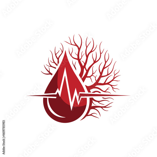 Vitality ECG Blood Drop Roots Emblem. This striking graphic features a crimson liquid droplet encompassing a cardiac rhythm, intertwined with organic vascular structures. It represents profound.