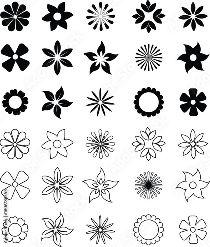 Flower Icons Vector Set, Collection and Group, Decorative Floral Silhouettes, Petals, Blossom, Botanical Minimal Flat Line Style, Monochrome and Colorful Graphic Bundle for Nature, Garden and Spring D