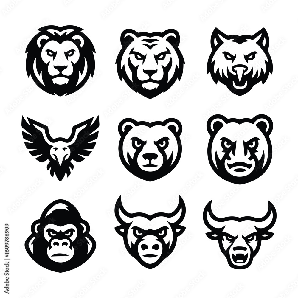 Obraz premium Nine black and white animal mascot logos on white background lion tiger