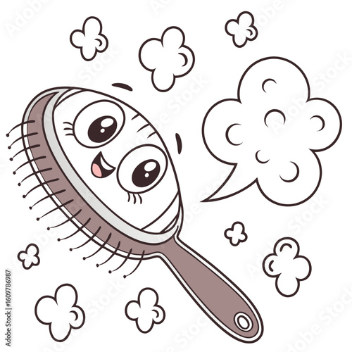 A happy hairbrush character with steam and stars