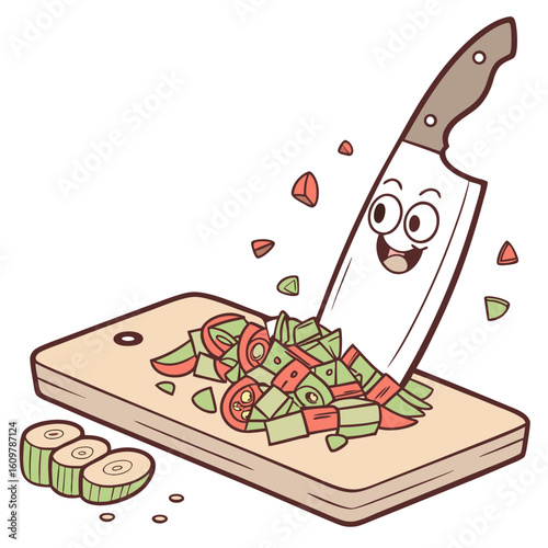 A happy knife chops vegetables on a cutting board