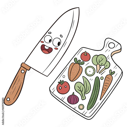 A cheerful knife rests next to a cutting board with vegetables