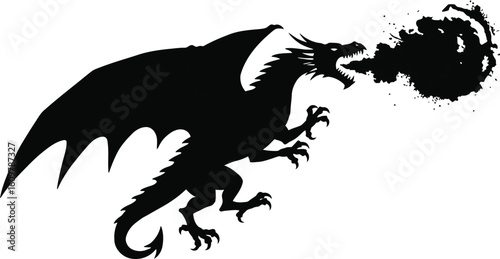 Solid black silhouette of a dragon breathing fire 