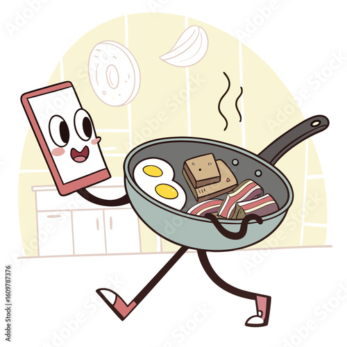 A cheerful phone character holds a frying pan with breakfast ingredients