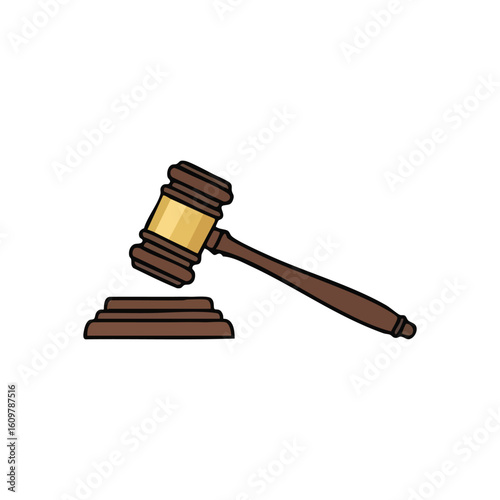 Justice Authority Gavel Symbol. A classic courtroom mallet with its striking block, signifying legal proceedings, verdicts, and arbitration. Represents fairness, order, and judgment.