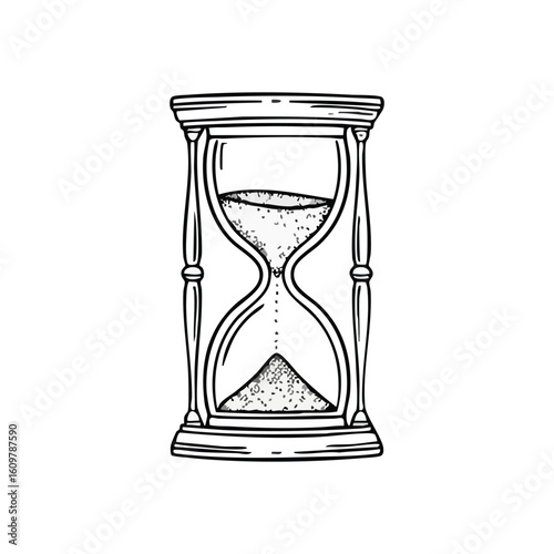 Hourglass Flowing Sand Time Concept. Monochrome sketch of an antique measuring device with grains descending. Symbolizes the passage of moments, countdowns, and the fleeting nature of existence.