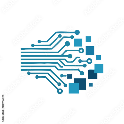 Digital Brain Data Flow. Abstract blue lines and squares form a neural network on black. Signifies artificial intelligence, information handling, and technological advancement.