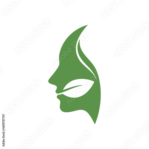 Nature Inspired Beauty Profile. Elegant green emblem merges a graceful human profile with botanical elements. This artwork symbolizes organic allure, holistic wellness, and ecological harmony.