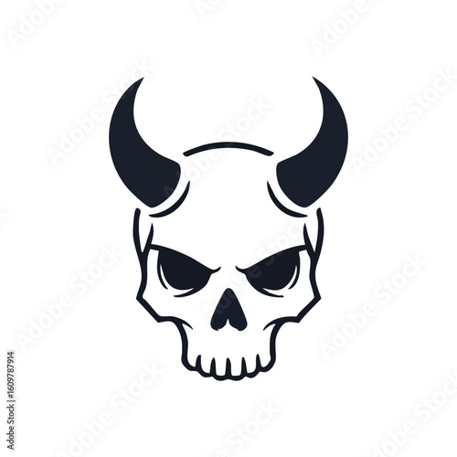 Demonic Skull Head Illustration. This bold graphic depicting a horned cranium embodies rebellion, danger, and the occult. Ideal for edgy designs.