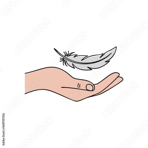 Light Feather Above Open Hand. An elegant plume hovers above an outstretched human palm, symbolizing softness, comfort, and a tender touch. This artwork evokes tranquility and care.