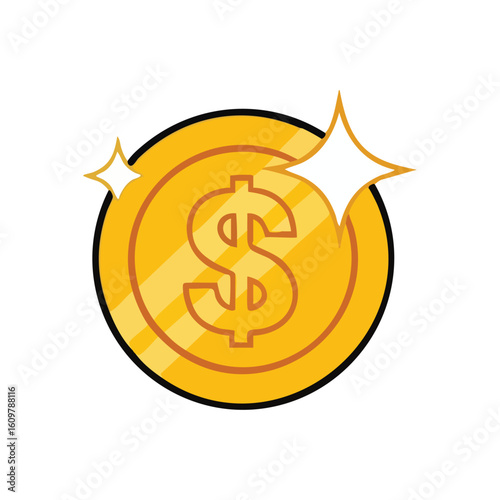 Golden Dollar Coin Icon. A gleaming monetary token with a dollar sign. This crisp digital artwork symbolizes financial success, wealth, and economic prosperity on a dark background.